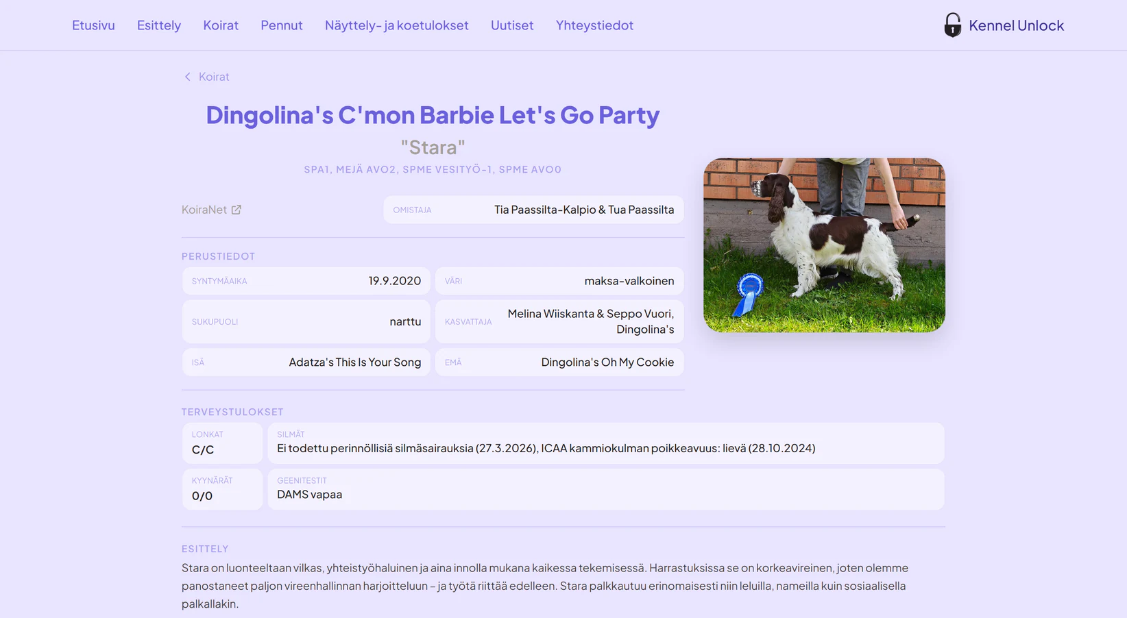 A dog's page, showing basic details and health results
