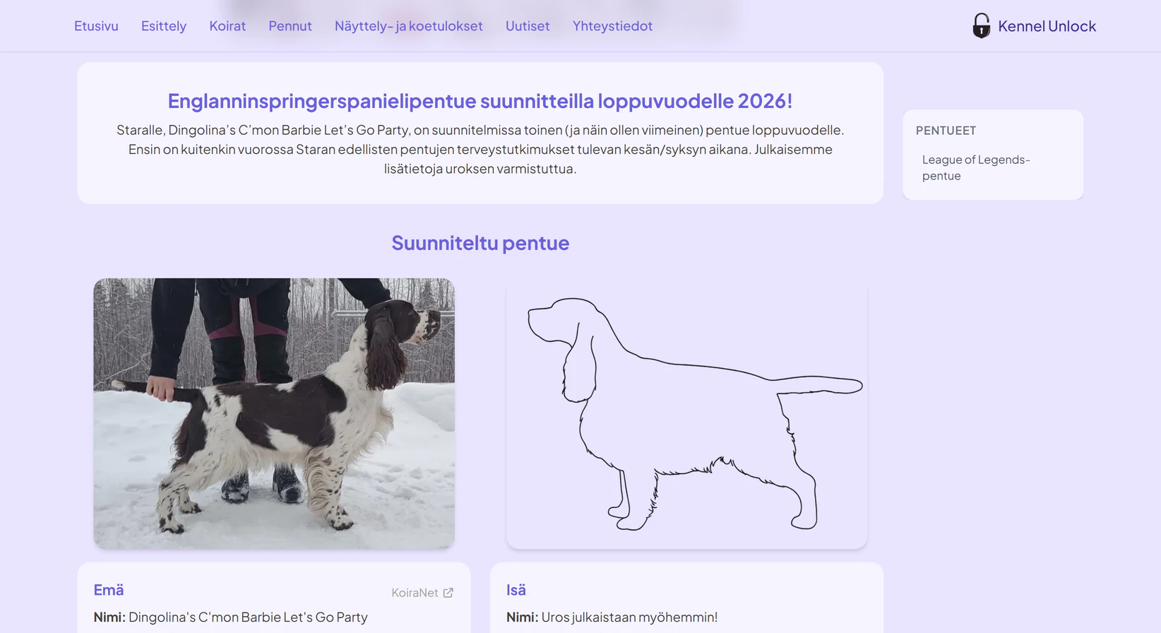 A planned litter on the live site: the dam filled in, the sire still to be announced