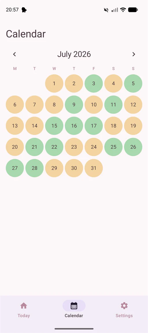 Ein Monatskalender, in dem jeder Tag danach eingefärbt ist, ob die Einnahmen erfolgt sind